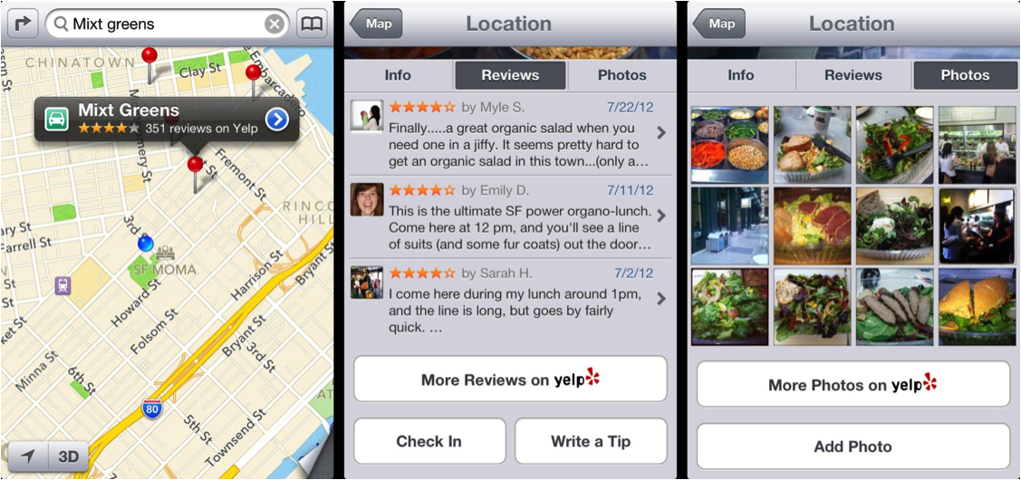 Yelp mobile reviews for iPhone Maps