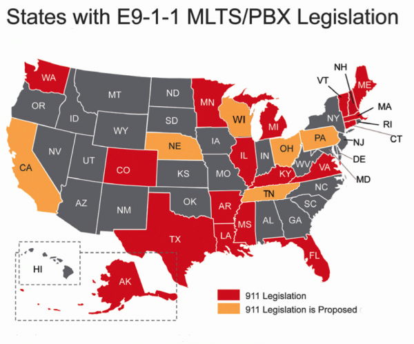 E911 Legislation in 18 States Map 
