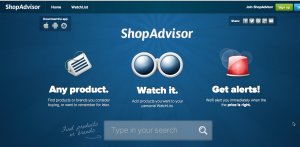 ShopAdvisor simple blue dashboard containing clickable navigation buttons for mobile devices.