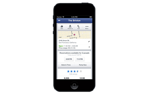 Facebook mobile restaurant reservations