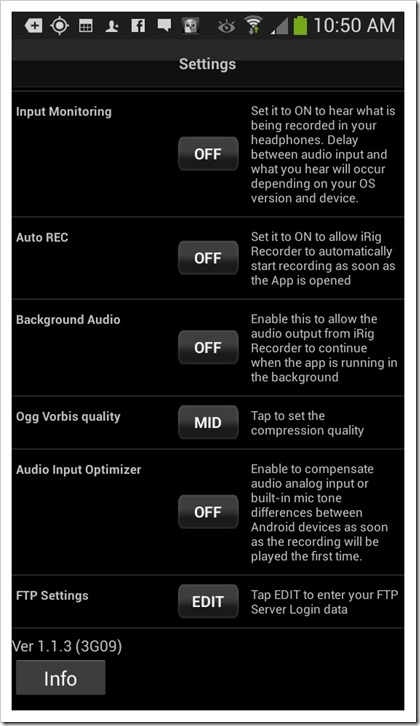Screenshot of the iRig Recorder app on the Samsung Galaxy S4 Zoom