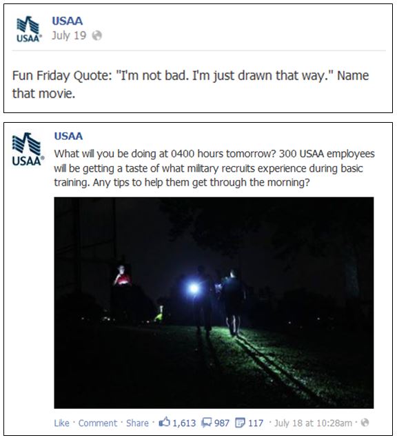 USAA social content on Facebook