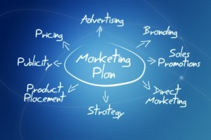 marketing plan concept on blue background with lines