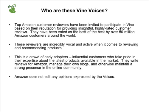Sales deck from Amazon promoting Vine program 4