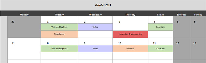 Start a content calendar to assign topics, publish dates, and content piece writer/producer far in advance