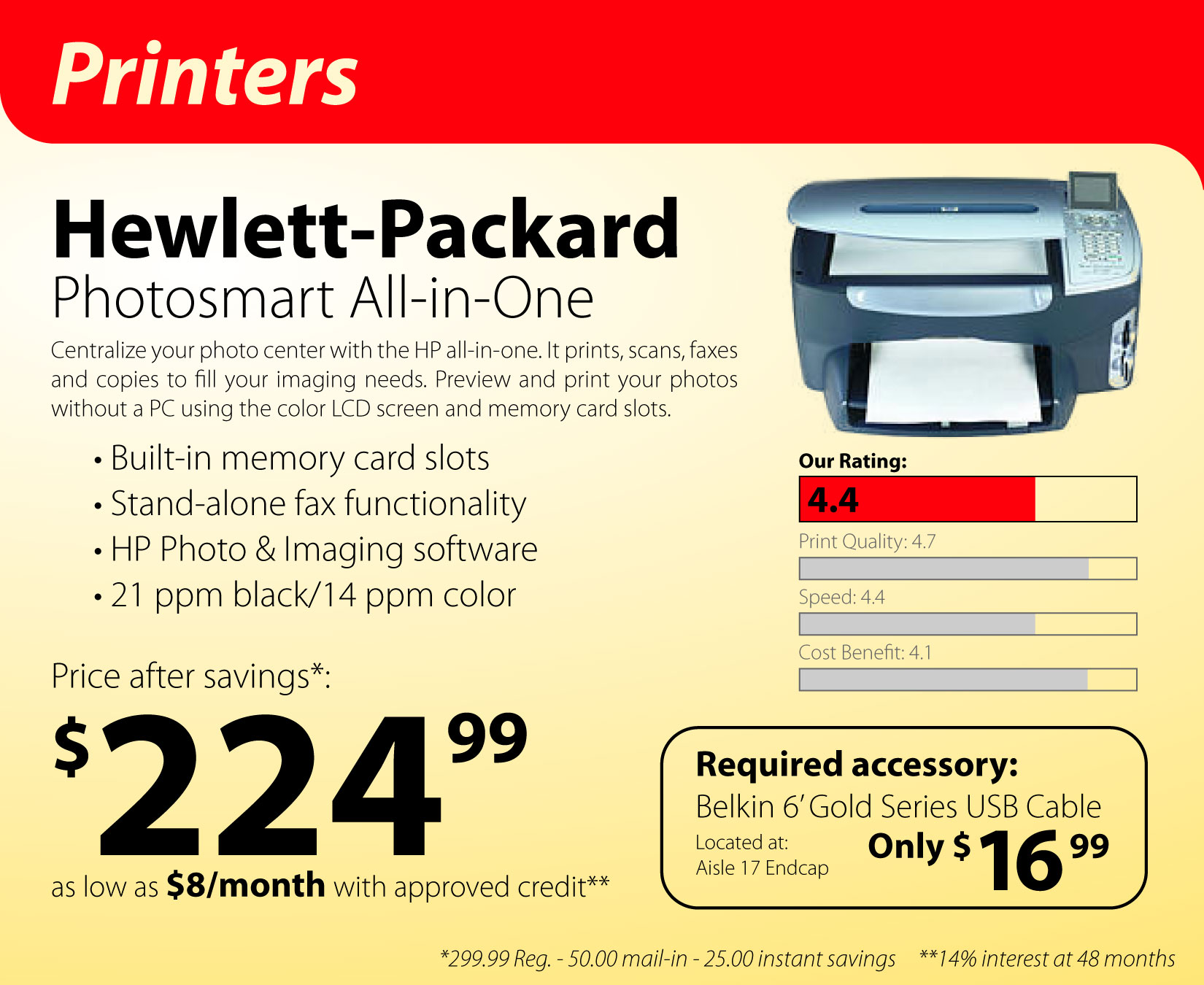 Retail ticket for printer with ratings and buying suggestions