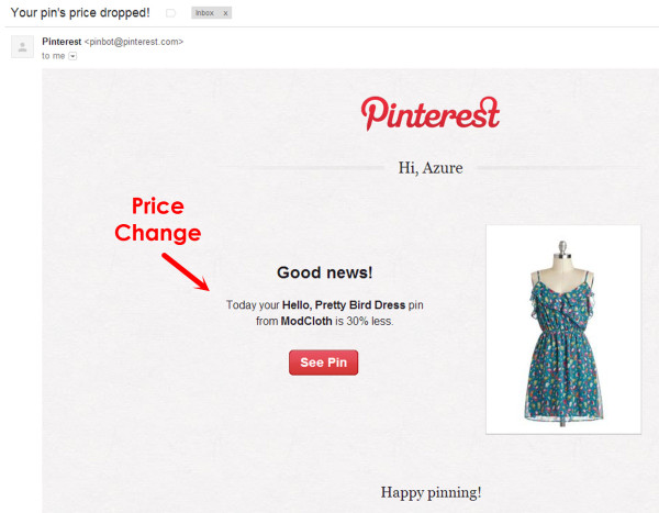 Pinterest Price Change Email