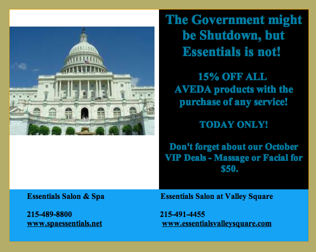 The Government might be Shutdown, but Essentials is not! 15% OFF ALLbr AVEDA products with the purchase of any service! TODAY ONLY! Don't forget about our October VIP Deals - Massage or Facial for $50.