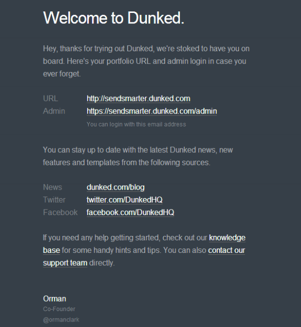Dunked Welcome Email
