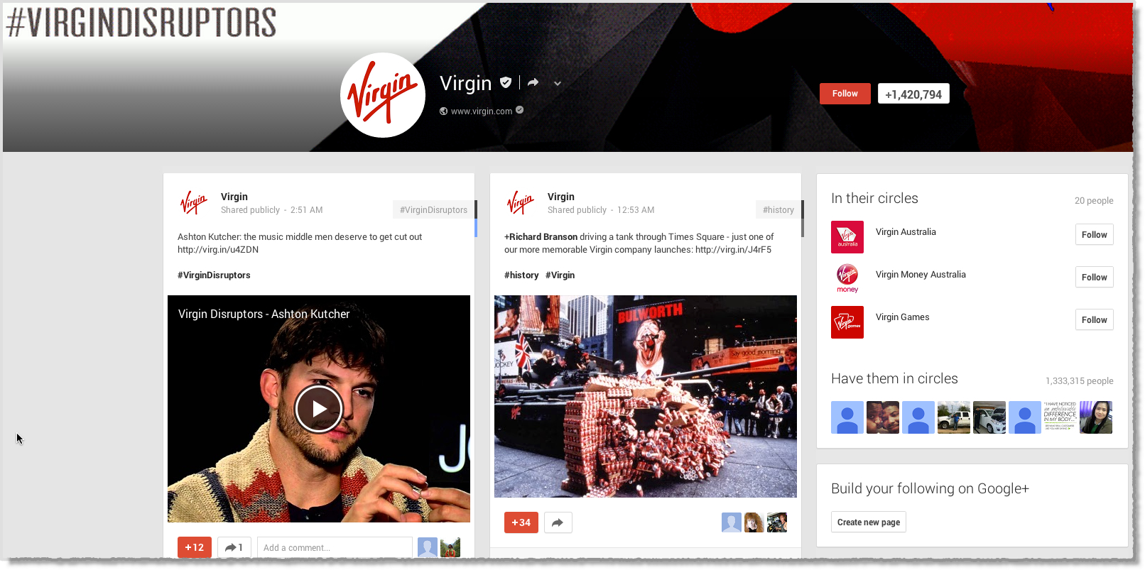 Virgin Google+ page