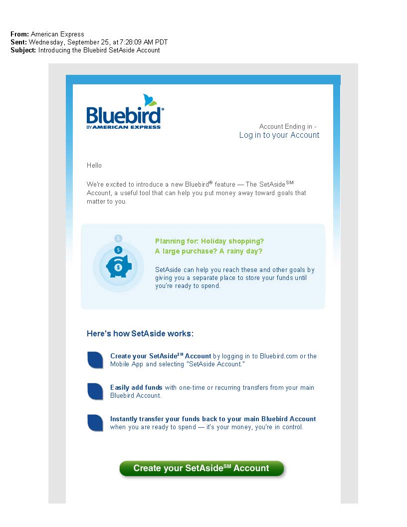 Amex emailed SetAside savings option to Bluebird account holders