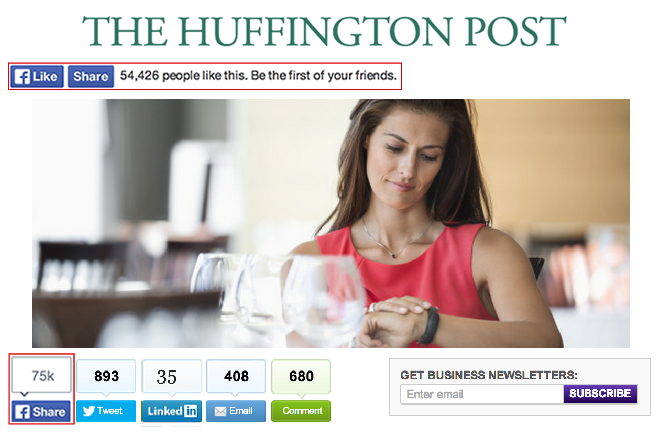 Huffington Post use of Facebook Like and Share buttons 