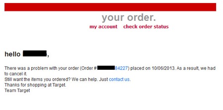 Sorry, your order has been cancelled (email from Target.com)