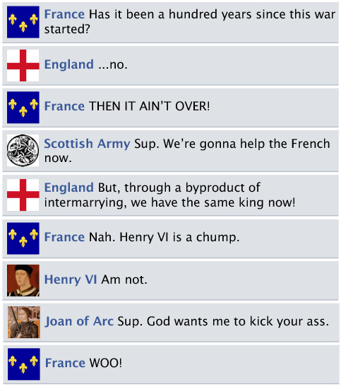 If Joan of Arc had a Facebook account, it would look a bit like this. Image courtesy of CollegeHumor Facebook-History.
