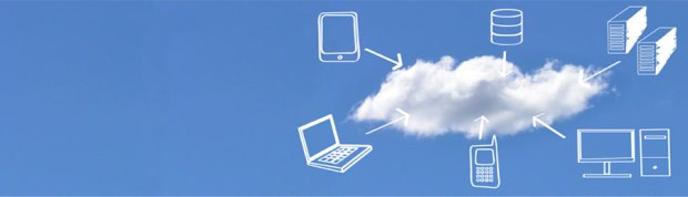 Computers floating around a cloud