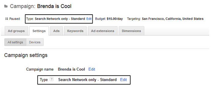 AdWords campaign settings example