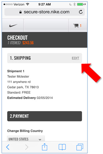 Nike edit button in checkout flow image from UsefulUsability.com