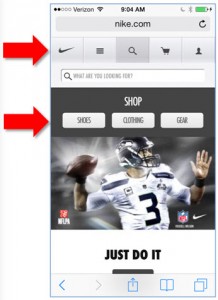 Nike mobile website global navigation image from UsefulUsability.com