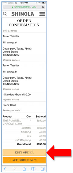 Shinola edit order button on order confirmation page image from UsefulUsability.com