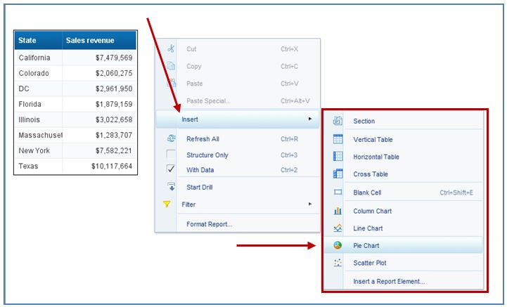 Insert menu in SAP Business Objects for inserting chart into WebI document