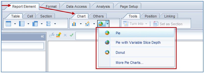 Using the Report Element tab to insert a pie chart into SAP Business Objects WebI