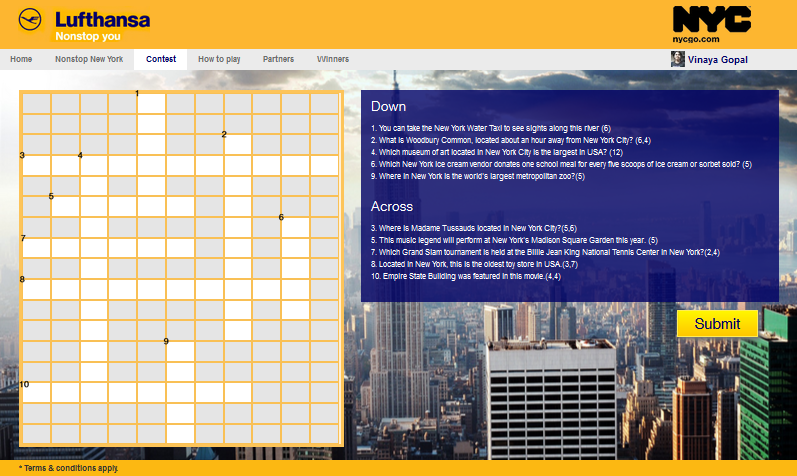 Solve The Nonstop New York Crossword And Fly To New York Courtesy 
