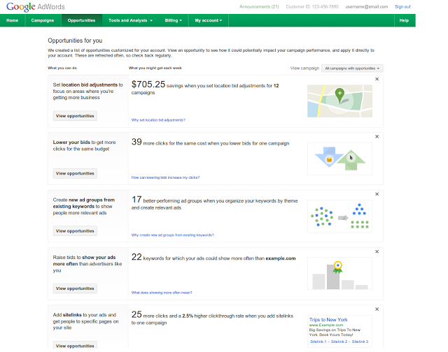 AdWords Opportunities Tab