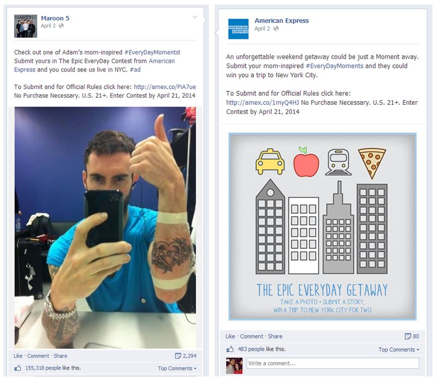 American Express and Maroon 5 Adam Levine post on Facebook about Everyday social promotion