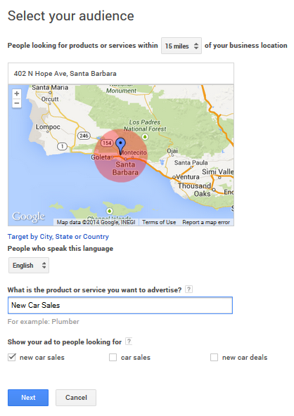 Google Adwords Express Select Audience