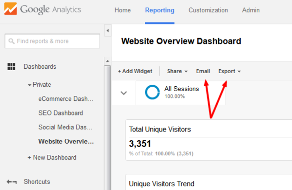 Emailing and Exporting Google Analytics Dashboards