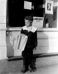 Lewis Hine - 6 year old George Greentree, sells for 12 year old brother. Both make $1 a day. Stays out often until midnight. Father dead. Mother janitor in church. Jacksonville, Florida, 1913