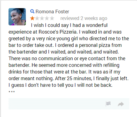 Google Local Review written about my experience at Roscoe's Pizzeria.