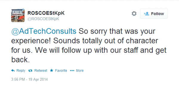 Roscoe's Pizzeria tweeted an apology for the bad experience.
