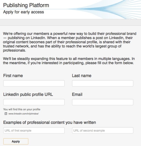 Linkedin publishing platform - request early access