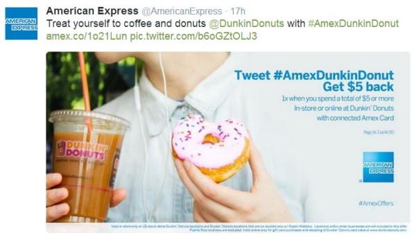 Financial services company American Express uses hashtags in social media marketing