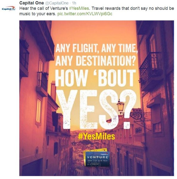 Financial services company Capital One uses hashtags in social media marketing