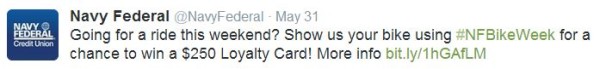 Navy Federal Credit Union uses hashtags in social media marketing