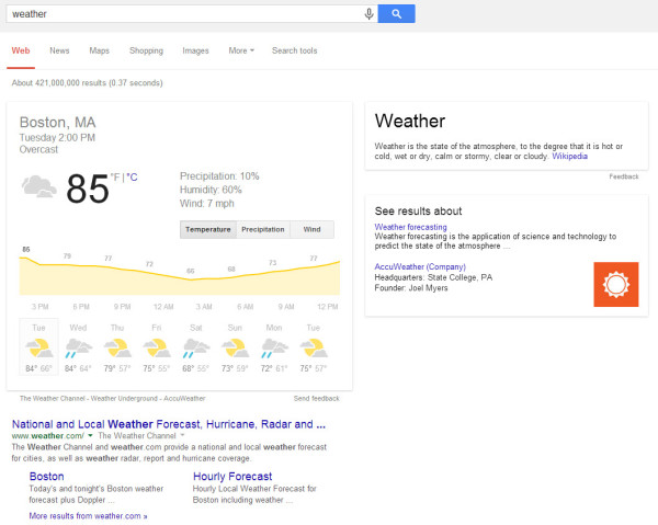 Google Hummingbird Weather Search Engine Results Page
