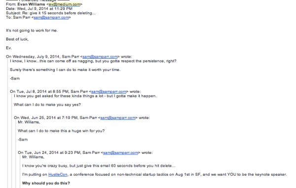 I emailed Evan Williams of Twitter 4 times before he responded.