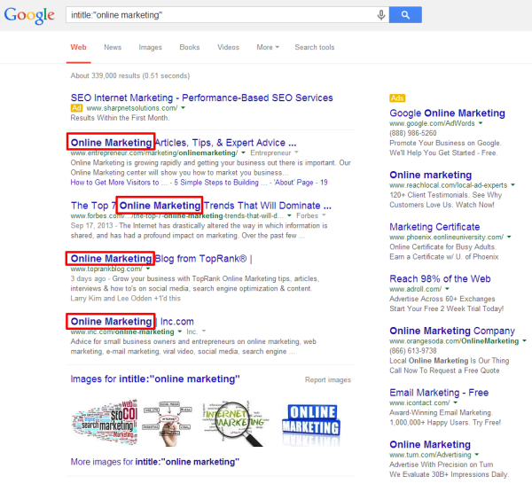 Online Marketing SERP intitle with boxes