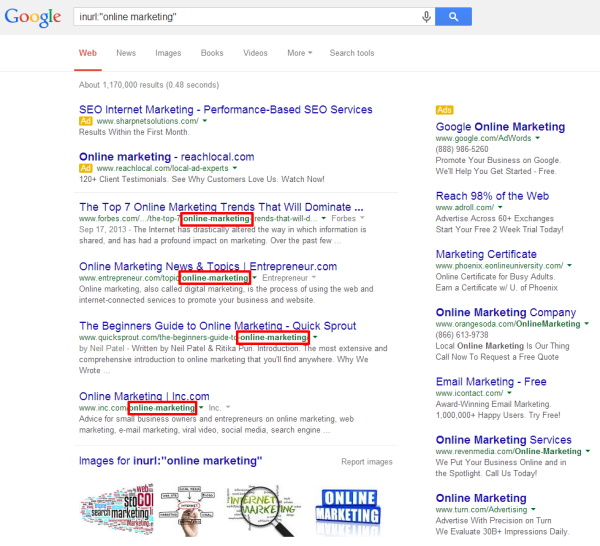 Online Marketing SERP inurl with boxes