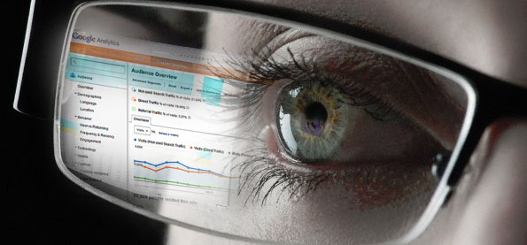 Clickbait Google Analytics screen reflected in eyeglasses