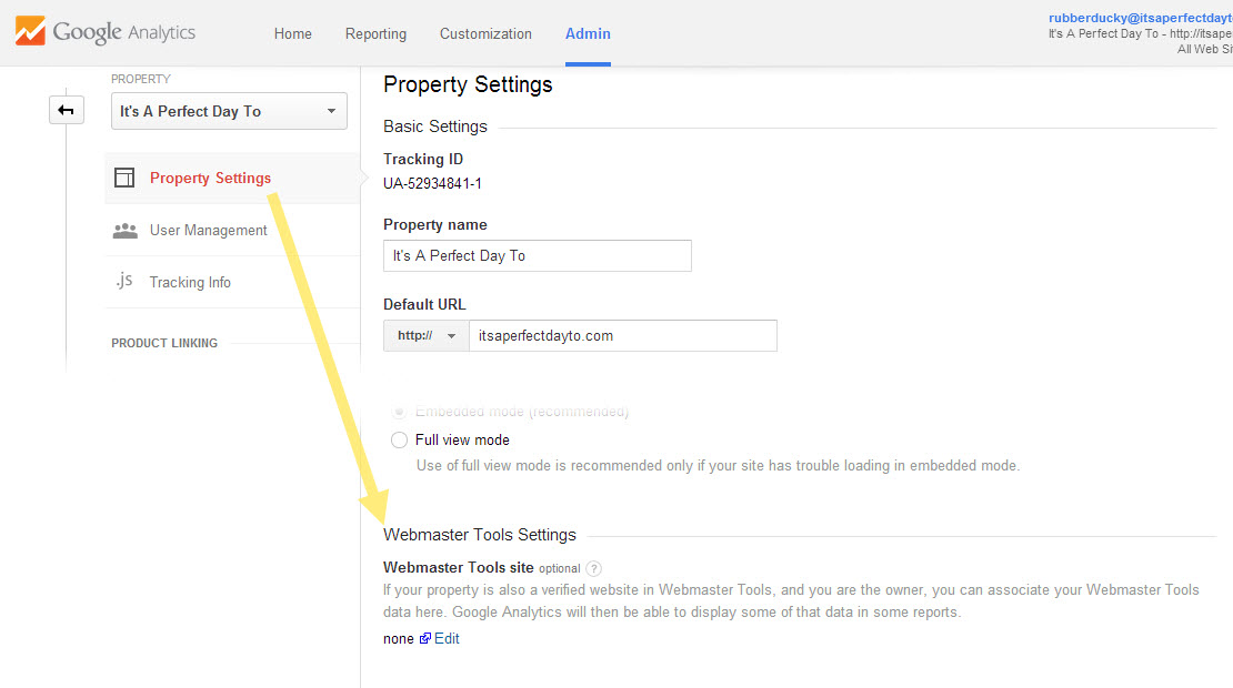 Turn on Webmaster Tools connection from the Property Settings page