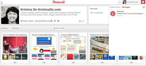 Pinterest marketing tip - access the Pinterest messages area online in the notifications area