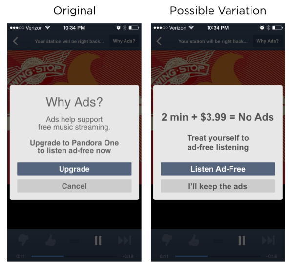 Possible A/B test for Pandora—upgrade message