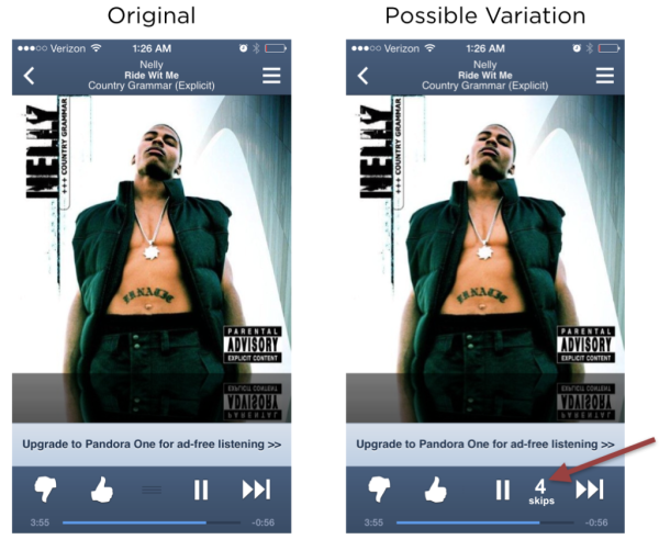 Possible A/B test for Pandora—adding skip notifications.