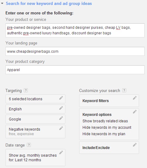 search for new keyword and ad group ideas example