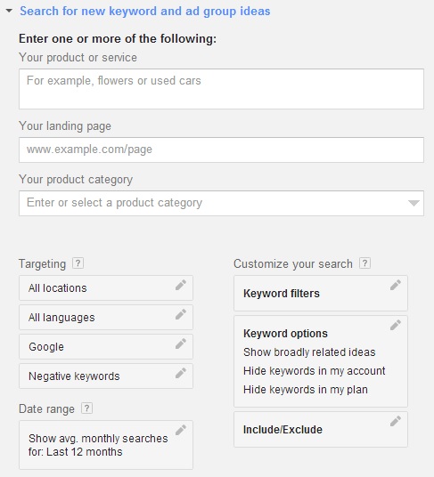 search for new keyword and ad group ideas