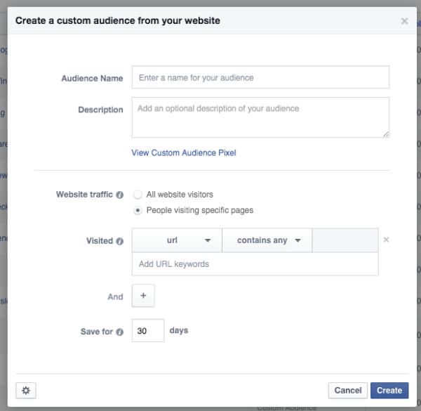 Facebook Create Website Custom Audience for Specific Pages