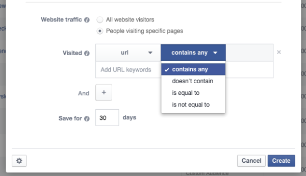 Facebook Website Custom Audiences Logic Options